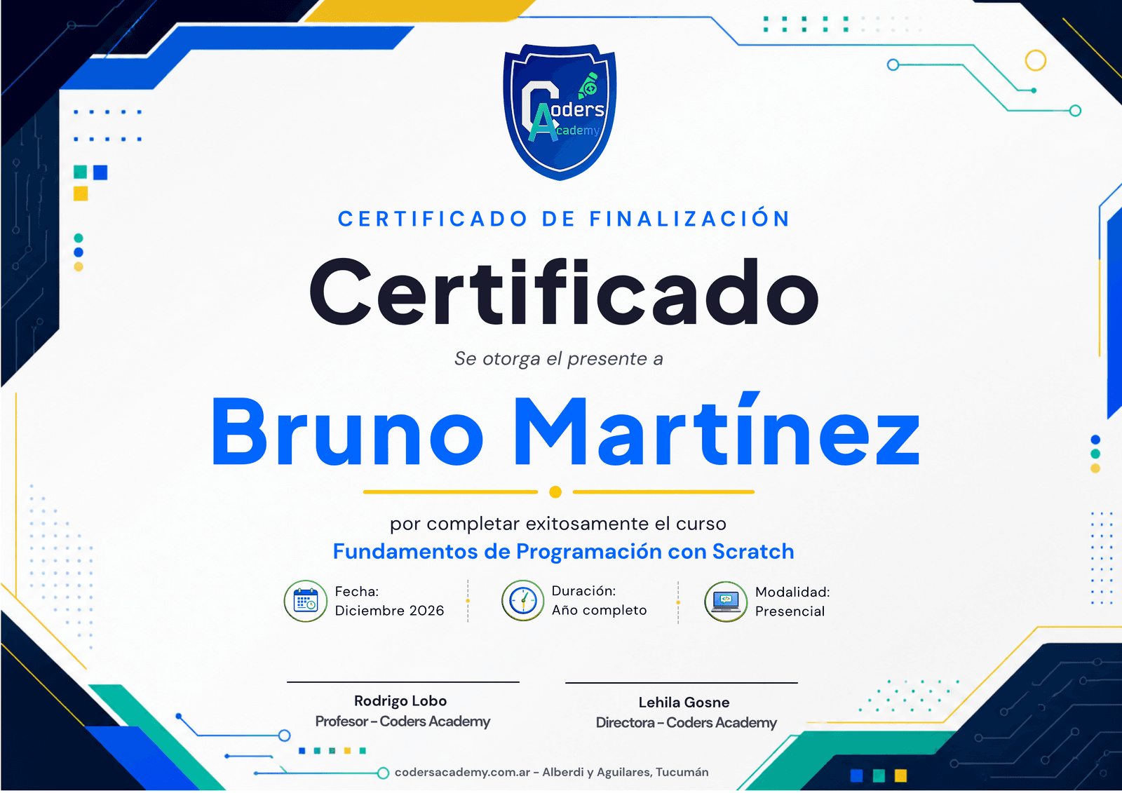 Ejemplo de certificado digital de Coders Academy